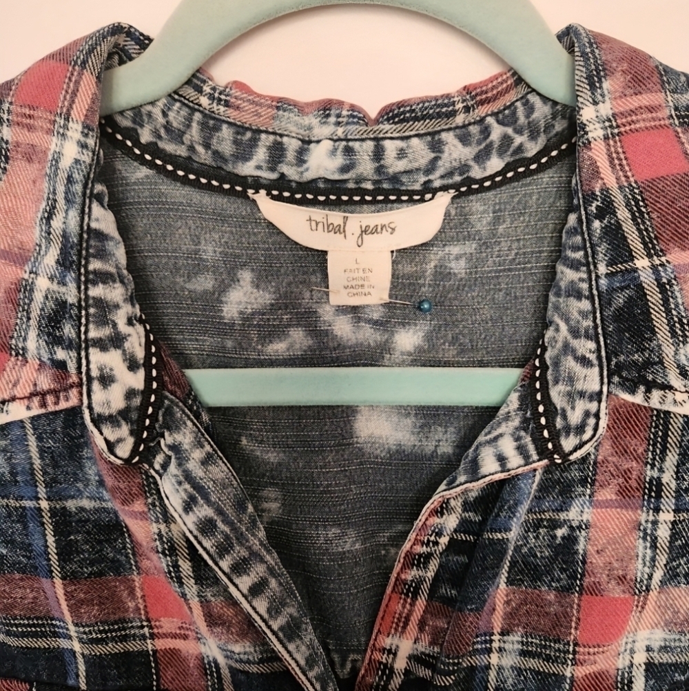 Tribal Jeans Denim Plaid Button Down Shirt Blue Red Long Sleeves Womens Large - Picture 2 of 9
